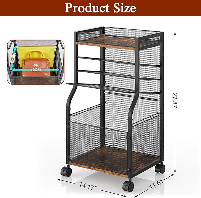 5-Tier Rolling File Cart with Lockable Wheels, Mobile Desk File Organizer Hanging File Folders Paper Letter Sliding Trays, Black Wood & Mesh Hanging Folder Drawer Organization for Office, Home, School