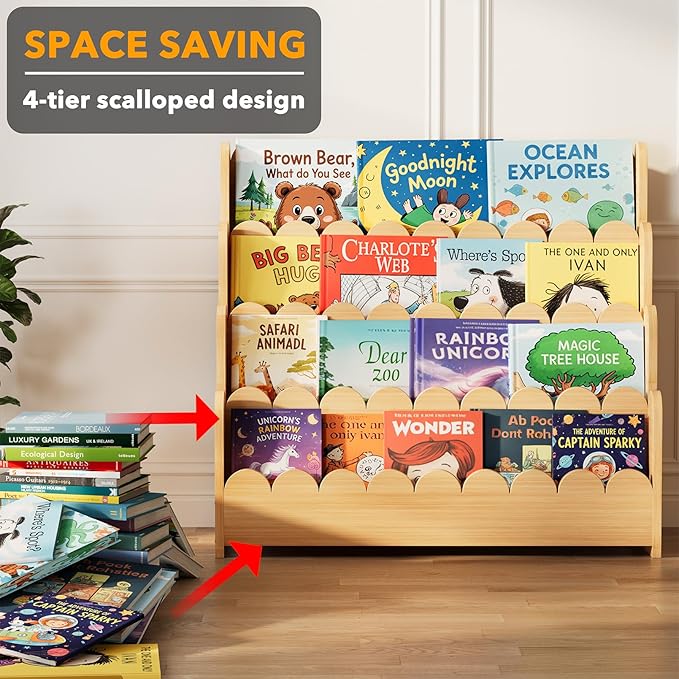 SpaceAid 4-Tier Scalloped Bookshelf, Montessori Bookcase for Toddlers, Wooden Book Shelf Organizer Display Furniture for Kids Rooms, Playroom, Nursery and Classroom, 29.6“ Wide, Natural