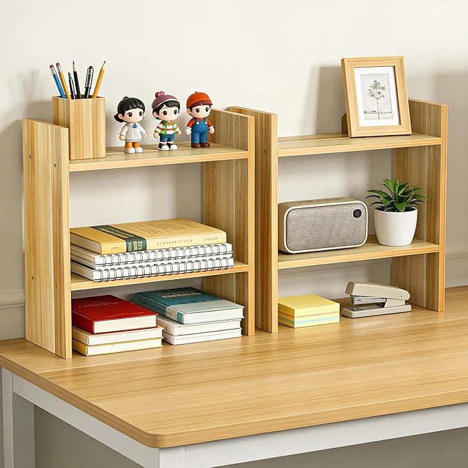 Small Desk Organizer Shelf - 2 Tier Desk Top Organizer for Desktop Storage, Wooden Office Shelves, Sturdy Desktop Bookshelf Organizers for Dorm, Cubicle, Easy to Assemble