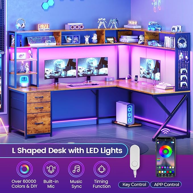 SEDETA L Shaped Desk with Hutch and 3 Drawers, Convertible 94.5" Computer Desk with File Drawer, L Shaped Office Desk with Power Outlet, LED Lights, Storage and Pegboard for Home Office, Brown