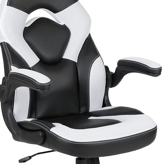 Flash Furniture Red Gaming Desk and White/Black Racing Chair Set with Cup Holder and Headphone Hook