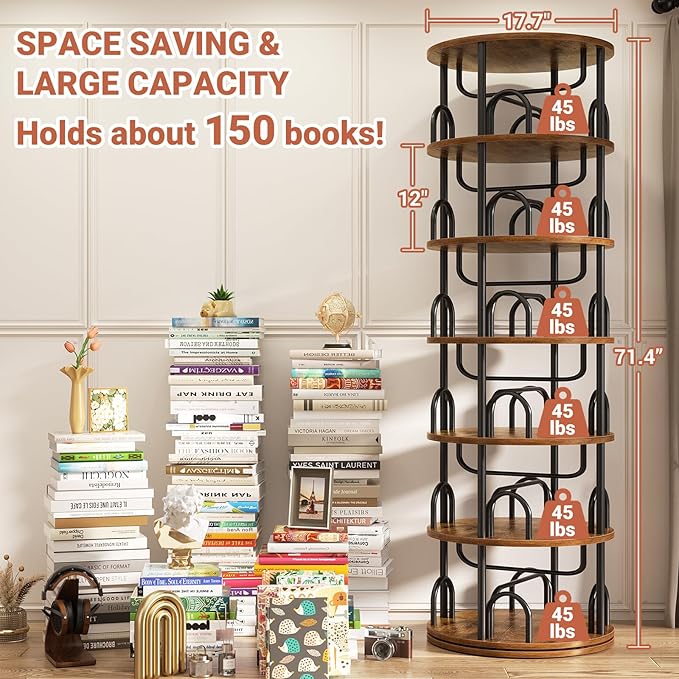 Aheaplus 6 Tier Rotating Bookshelf Tower, Revolving Bookcase, 360° Round Spinning Book Shelf, Narrow Swivel Bookshelves Vertical Turning Corner Bookshelf Organizer for Small Space, Rustic Brown
