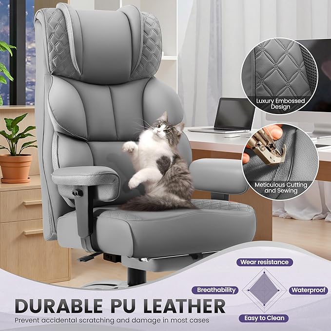 BestGlory Office Desk Chair, Big and Tall Leather Gaming Chair with Footrest, Wide Ergonomic Comfy Executive High-Back Reclining Computer Chairs, Swivel Rolling Wheels and Padded Lumbar Support, Gray