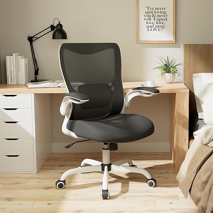 MUXX.STIL Office Chair, Ergonomic Desk Chair with Adjustable Lumbar Support and Flip up Armrest, Breathable Mesh Computer Chair for Home Office, White