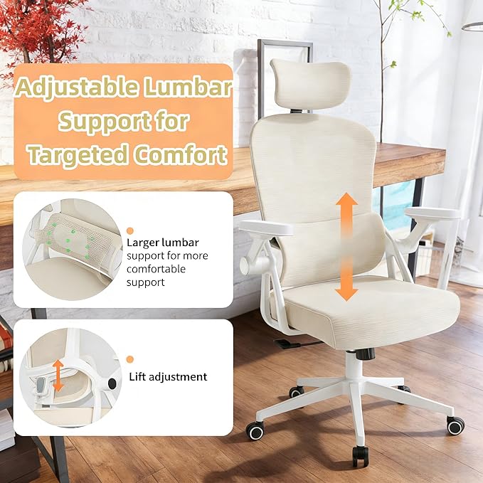 Ergonomic Office Chair - 350LB Comfy Desk Chairs with Adjustable Headrest and Lumbar Back Support, Mesh Computer Chairs with Wheels and Arms for Home Office, Study