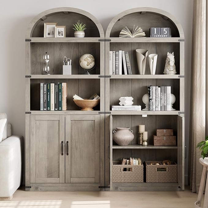 GarveeHome Bookcase with Doors Arched Bookshelf 71.65 in Tall Bookcase Farmhouse Cabinet with Shelves Wooden Bookshelves for Home Office, Living Room (Grey)