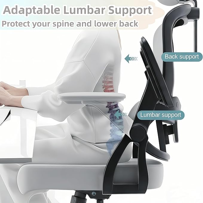 Ergonomic Office Chair - 350LB Comfy Desk Chairs with Adjustable Headrest and Lumbar Back Support, Mesh Computer Chairs with Wheels and Arms for Home Office, Study
