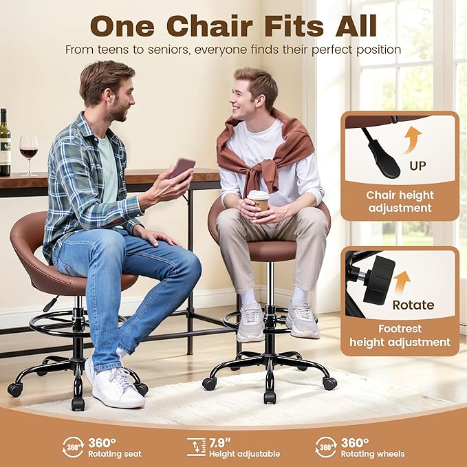 BESTFAIR Drafting Chair with Back, Height Adjustable Rolling Stool with Foot Rest, Tall 360° Swivel Stool PU Leather Chair with Wheels for Home Office, Standing Desk, Brown 4 Pack