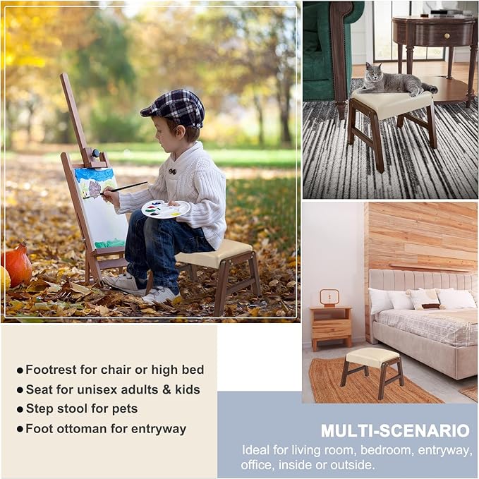 Small Foot Rest Ottoman, 11.8" H PU Leather Rectangle Foot Stool with Non-Skid Wood Legs, Small Foot Step Footstool Sofa Footrest for Couch, Desk, Office, Beige