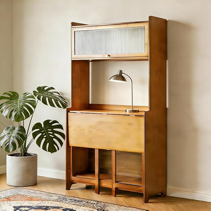 Fold-Out Convertible Office Table, Space-Saving Folding Writing Desk with Hutch & Storage Shelves, Pet-Friendly Foldable Computer Desk with Free Cat Bed for Small Spaces (Walnut1)