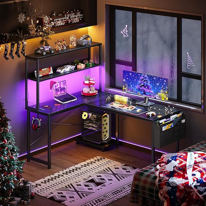 ODK 43 Inch L Shaped Desk with LED Lighting, Reversible Gaming Desk with Power Outlets, Cornor Computer Table with Storage Shelves & Bag & Iron Hook, Home Office Table for Writing, Study, Black