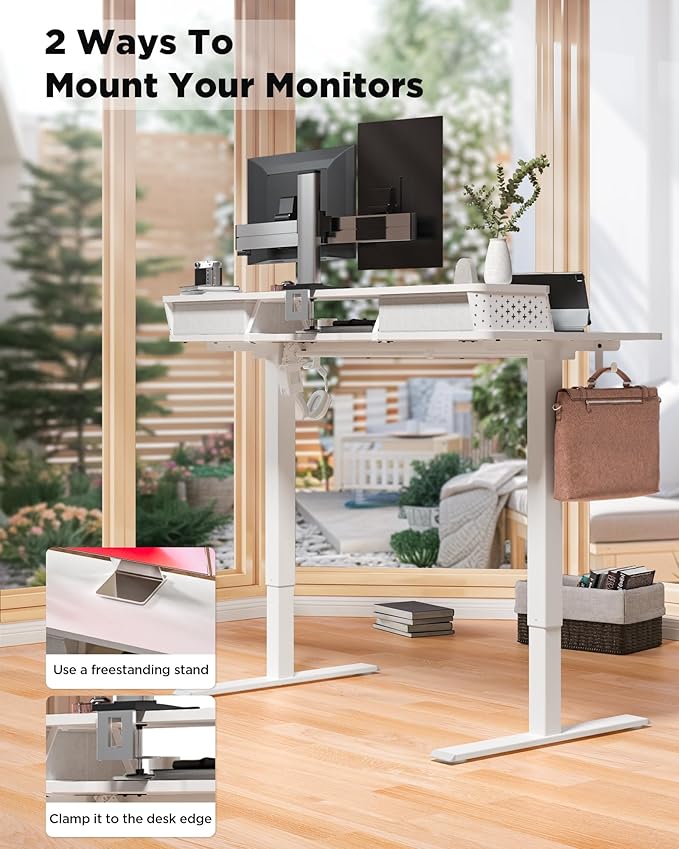 FiCiHi 35x20 Inch Standing Desk with Drawers, C-Clamp Mount Compatible, Electric Adjustable Height Computer Small Stand Up Desks, Home Office Sit Stand Table with 3 Preset Heights, White