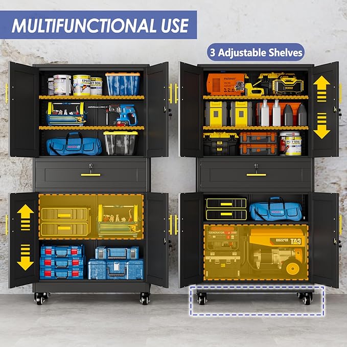 61" Metal Garage Storage Cabinet with Wheels and Locking Doors and Tall Rolling Steel Tool Cabinet with 5 Adjustable Shelves for Garage,Home,Office,Shop (Black, 71" H x 35.43W x 15.74" D)