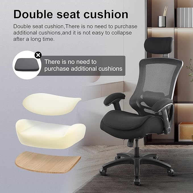 BOLISS Ergonomic Tall Office Chair with Double-Layer Seat Cushion, Desk Chair Adjustable Headrest, Adjustable Lumbar Support, Height Adjustable Flip-Up Arms