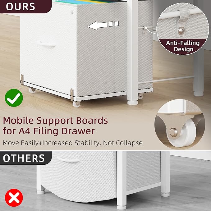 HIGDBFE 2-Drawer File Cabinet, Filing Cabinet with 2-Tier Printer Shelves, Office Cabinets with Side Bag&File Drawer for A4/Letter Size, Printer Stand with Storage for Home Office, White, 16.5" W