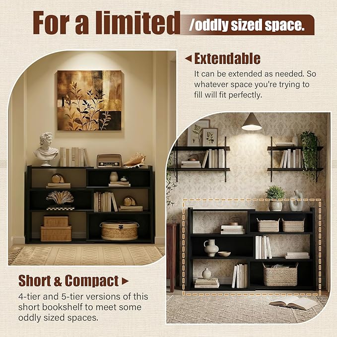 Armocity Expandable Bookshelf, Short Corner Bookshelf for Small Spaces, Small Ladder Book Shelf, Extendable Wood Narrow Bookcase for Living Room, Bedroom, 4 Tier, Black