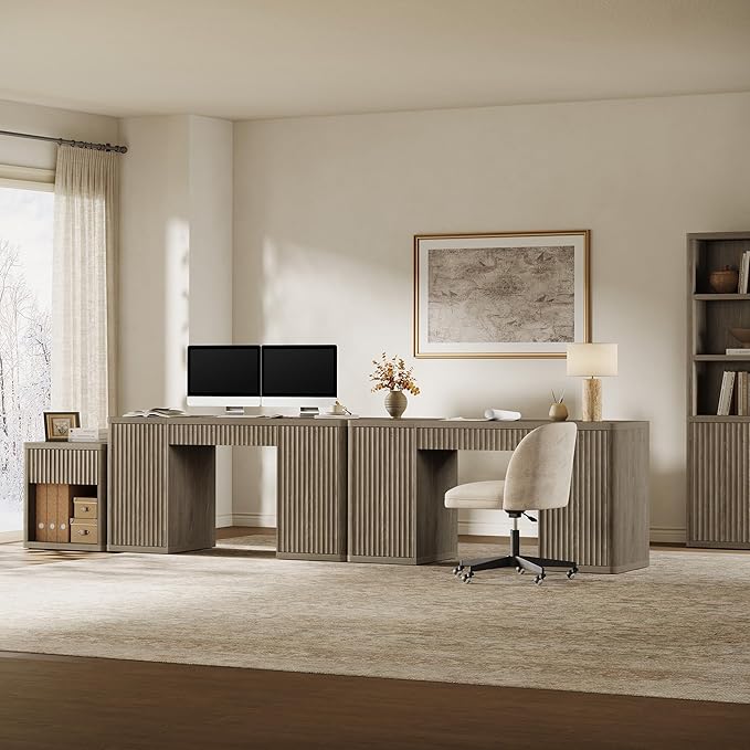 SICOTAS 61" Large Office Computer Desk with Storage Modern Home Office Desks with Drawer & Doors Fluted Desks Executive Desk Wooden Writing Table Vanity Table for Living Room Bedroom, Grey Alder