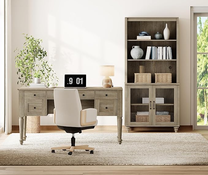 WAMPAT Home Office Furniture Set, 56'' Executive Desk with Charging Station, 72" Tall Bookcase with 2 Glass Doors, Wood Computer Desk with File Cabinet Storage, Open Shelf, Wash Grey