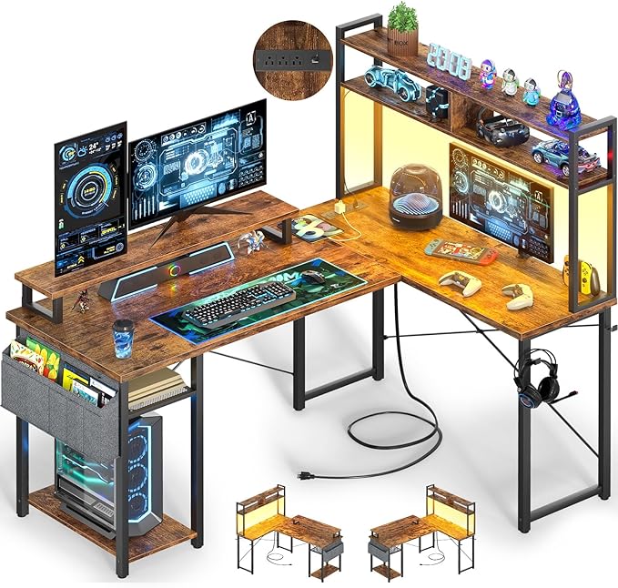 Besiost Small L Shaped Gaming Desk with Power Outlets, 48" Reversible L Shaped LED Computer Desk with Monitor Stand & Storage Shelf, Corner Gamer Desk Home Office Desk with Storage Bag, Rustic Brown