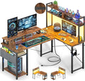 Besiost Small L Shaped Gaming Desk with Power Outlets, 48" Reversible L Shaped LED Computer Desk with Monitor Stand & Storage Shelf, Corner Gamer Desk Home Office Desk with Storage Bag, Rustic Brown