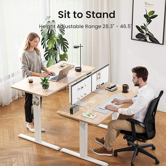 Cubiker Standing Desk, 63x28 Inches Sit Stand Home Office Desk, Electric Stand up Desk, Adjustable Desk with Splice Board, White Frame/Maple Top