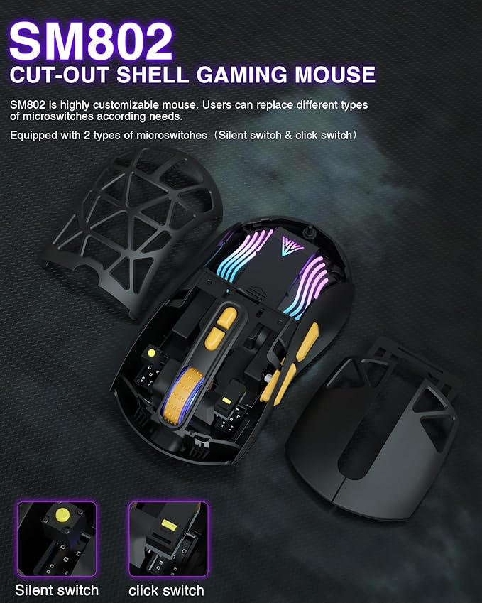 SOLAKAKA SM802 Wireless Gaming Mouse,10000 DPI,Tri-Mode Wired/BT 5.0/2.4GHz Wireless Mouse with Side Button, RGB Programmable Macro Mouse for Laptop (Black)