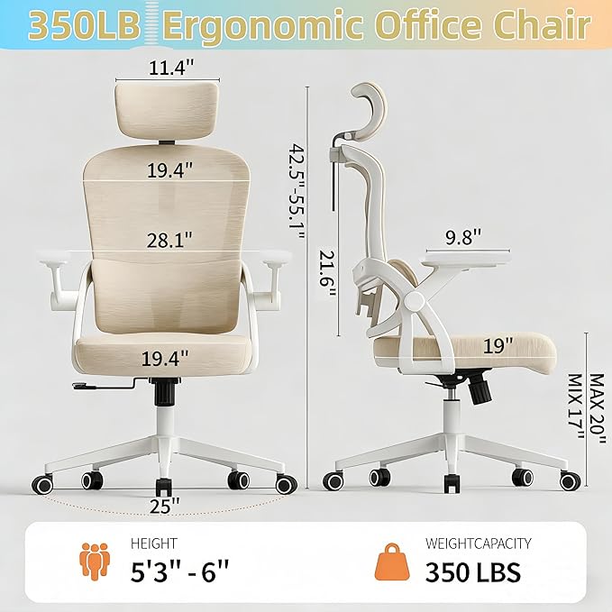 Ergonomic Office Chair - 350LB Comfy Desk Chairs with Adjustable Headrest and Lumbar Back Support, Mesh Computer Chairs with Wheels and Arms for Home Office, Study