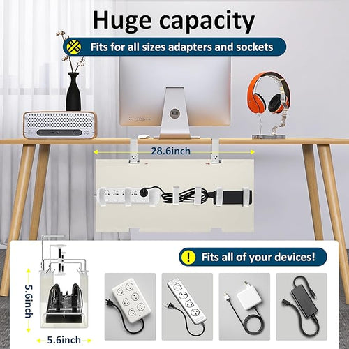 28" Small Under Desk Cable Management Tray No Drill, Compact Clamp On Cord Organizer for Dorm & Small Desk, Anti-Sag Oxford Fabric Wire Hider, Power Strip Holder (Beige, 28.6")