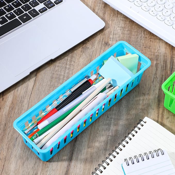 12 Pack Colorful Slim Plastic Storage Baskets Tray for Organizing, 10.24 x 3.15 x 2.36 Inch Small Slim Colorful Pencil Plastic Baskets for Desk Garage Cabinet Containers (6 Colors)