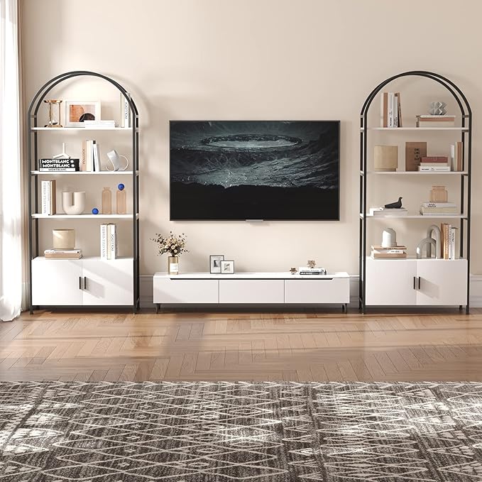 Jehiatek Arched Bookshelf, Bookcase with Doors Storage, 71 Inches Tall Industrial Book Shelf with Sturdy Metal Frame, E1 Quality Boards, Freestanding Display Shelving Unit, Black and White
