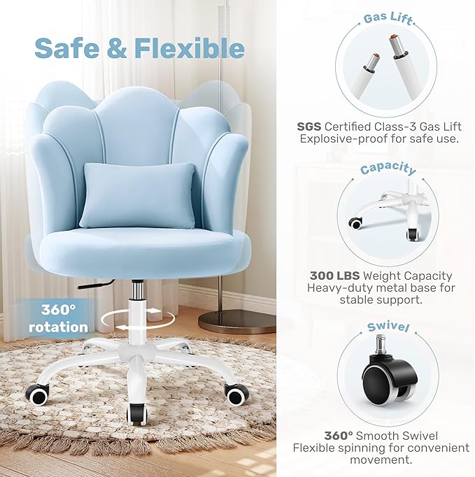 BestGlory Petal Vanity Chair with Wheels, 3.15" Extra Thick Comfy Makeup Chair, Adjustable Modern Swivel Armless Desk Chair for Girls Women, Aesthetic Small Office Chair for Bedroom Dorm