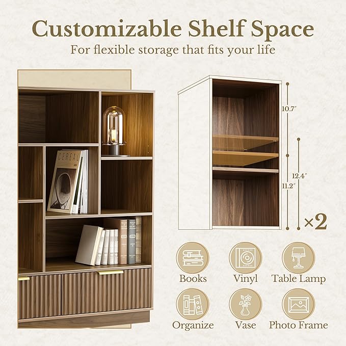 Home Office Furniture Set, 67'' Standing Desk with 44'' Bookshelf, Electric Height Adjustable Desk with 2 File Cabinet, AC/USB and Bookcase with 3 Drawers, Fluted Style Black Walnut
