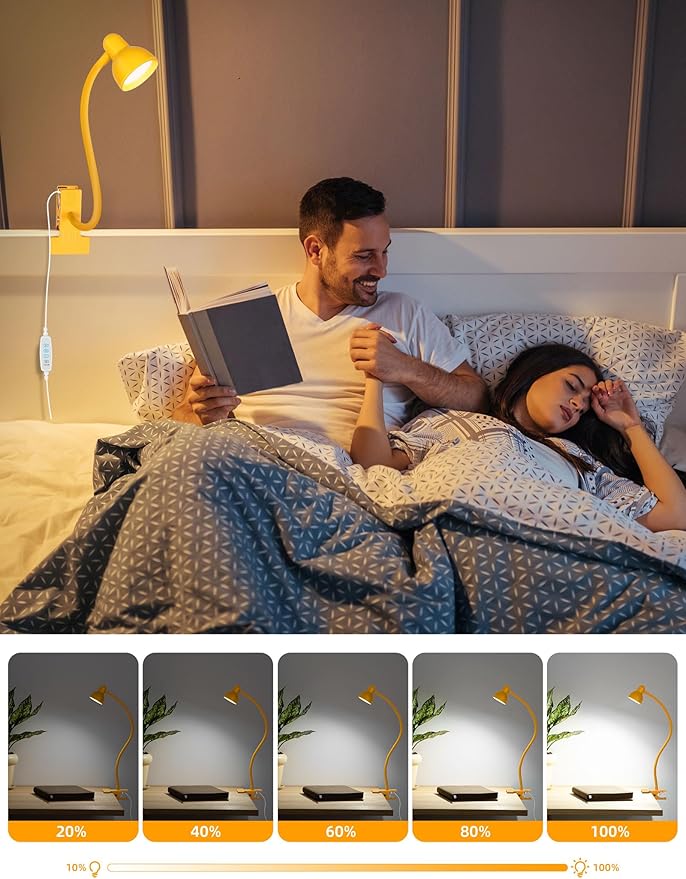 LiFMIRA Clip on Reading Light for Bed 3 Color Modes, 10 Brightness Dimmable, Flexible Gooseneck Clip on Lamp, Eye Care Clip Light for Bed Headboard Desk Home Dorm, Yellow