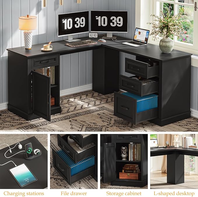 Vabches Farmhouse 59" L-Shaped Executive Desk with Drawers, Wood Home Office Corner Desk with Charging Station, File Drawer, Storage Cabinet, Rustic Computer Writing Desk for Home Office(Black