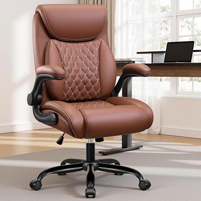 BESTFAIR Office Chair, Ergonomic Computer Desk Chairs with Lumbar Support for Lower Back Pain Relief, Executive Leather Home Chair Comfy with Padded Flip-up Armrests, Brown, 6-Pack