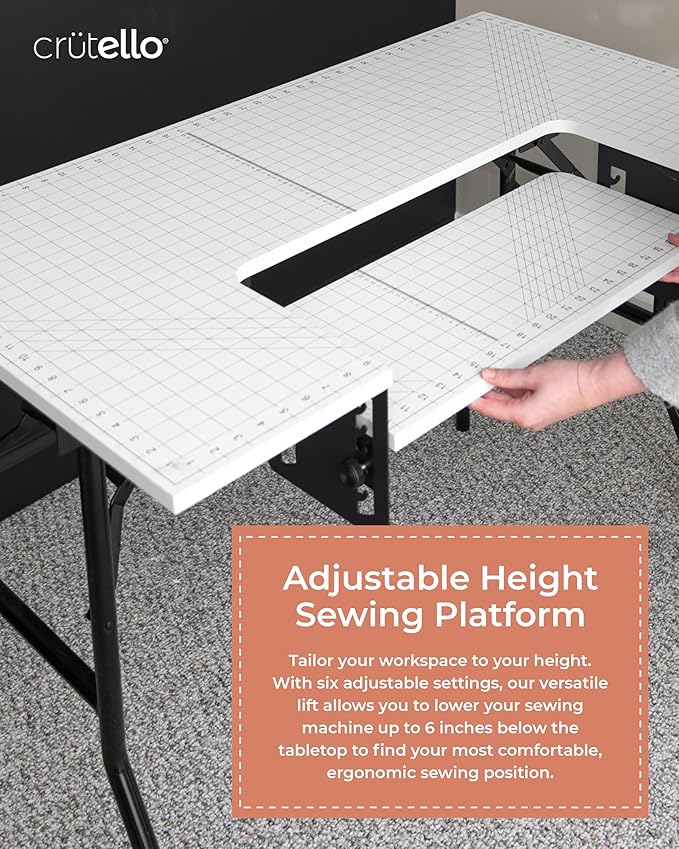 Crutello Folding Sewing Table and Craft Table for Adults - 42x24 inch Grid Top Crafting Desk for Fabric Cutting & Crafts - Steel Folding Storage Legs & Drop Down Sewing Machine Platform
