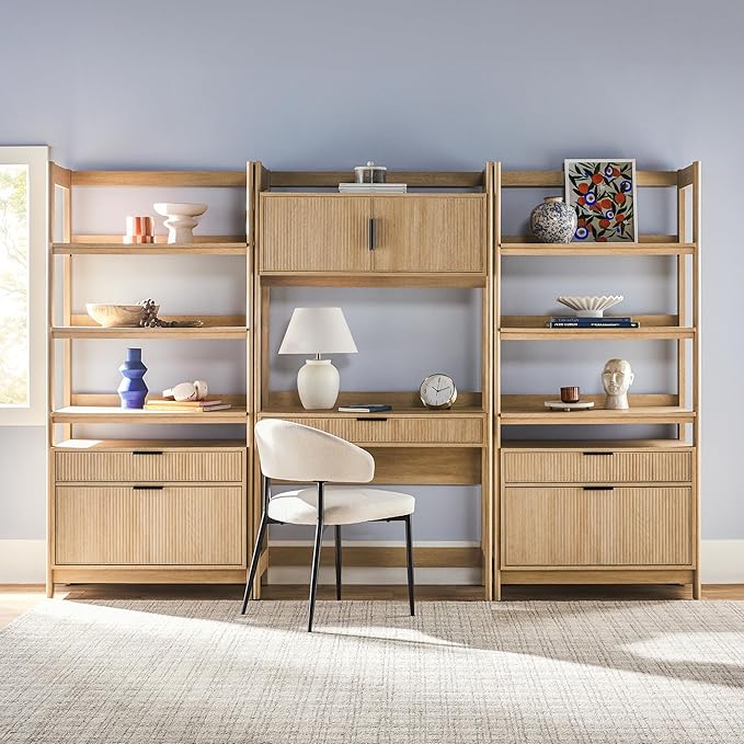 Walker Edison Transitional 3-Piece Hutch Desk with 2 Wide Bookcases, Reeded Drawer Fronts, Built-in outlets and USB Ports, Set of 3, Coastal Oak