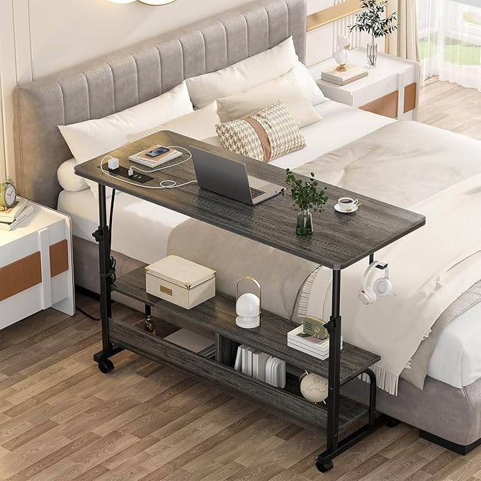Armocity Rolling Standing Desk with Power Outlets, 47" Manual Height Adjustable Mobile Computer Desk with Wheels, Portable Sit Stand Laptop Couch Table for Bed & Sofa Home Office, Grey Oak