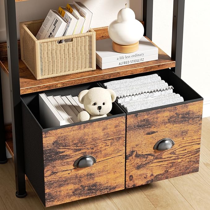 Furologee 6-Tier Bookshelf Set of 2,Tall Bookcase with 2 Drawers and Shelves, Industrial Display Free Standing Shelf Units, Storage Rack Organizer for Bedroom, Living Room, Home Office, Rustic Brown