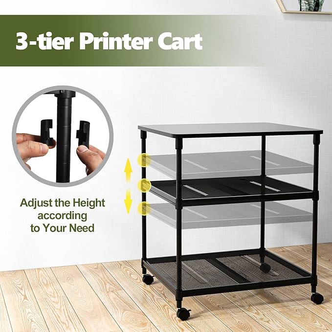 Giantex Printer Stand, 3-Tier Industrial Printer Cart with Lockable Wheels, Adjustable Shelves, Metal Frame, Mobile Under Desk Shelf for Home Office, Printer Table Fit Fax Machine, Scanner (Black)