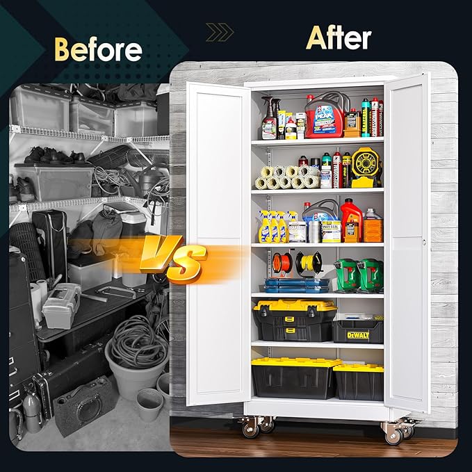 PAOFIN 75''H Metal Garage Storage Cabinet with Wheels,Steel File Cabinets with 2 Doors and 5 Adjustable Shelves for Home Office, Warehouse, Required Assembly,White