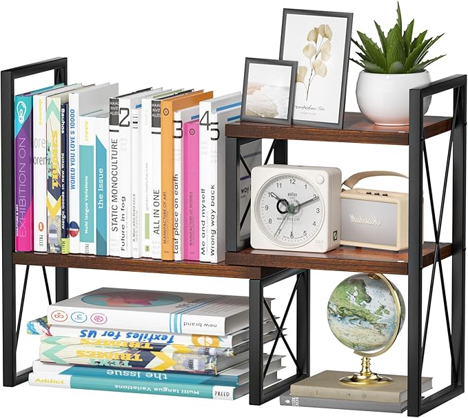 Desktop Shelf Organizer, Small Bookshelf for Office, Wood Shelves, Office Organization and Storage (Brown)