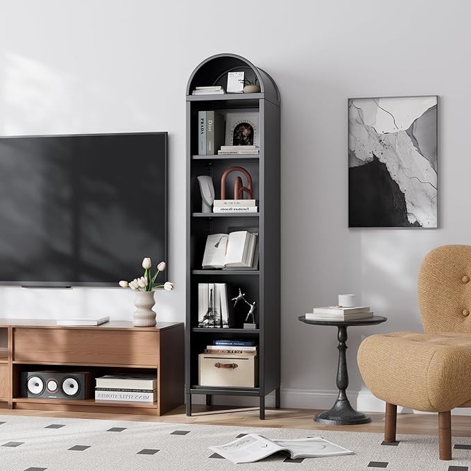 Aobabo Black Narrow Arched Bookshelf, 72.8" H Metal Arch Bookcase with 4 Adjustable Shelves, Open Display Arched Bookcase for Dining Room, Home, Office, Assembly Required