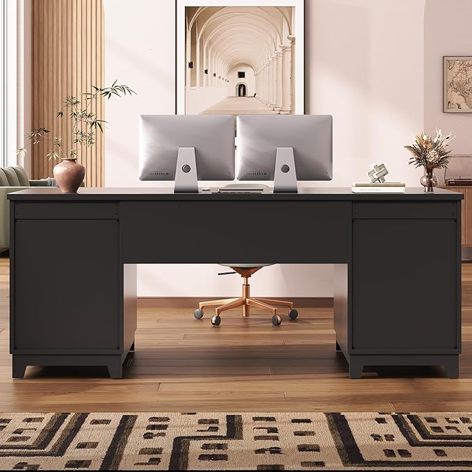 SEDETA 55.1" Fluted Office Desk with 6 Drawers, Modern Executive Desk with Acrylic File Drawers, Computer Desk with Power outlets for Home Office and Study (Black)