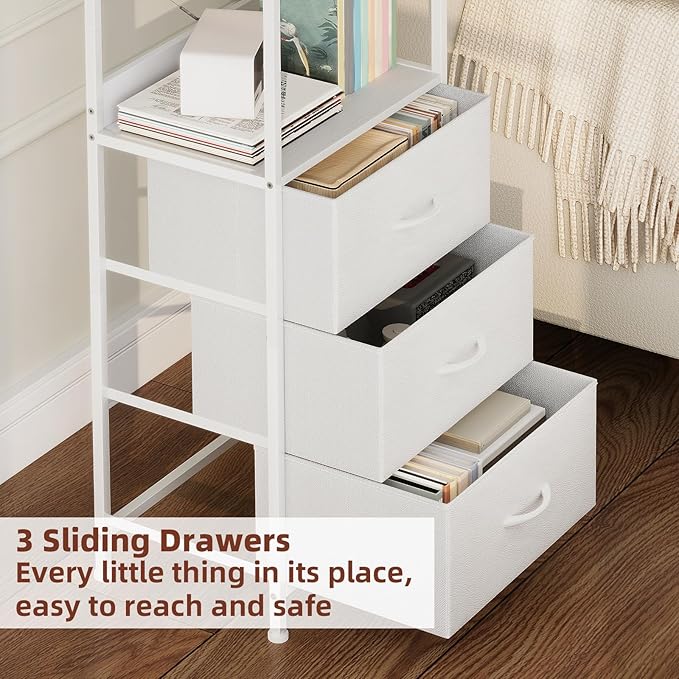 Somdot 5 Tier Bookshelf with Drawer, Tall Bookcase with Shelves, Bookshelf Desktop Organizer, Display Standing Shelf Units for Living Room, Bedroom, Study Room,White Leather