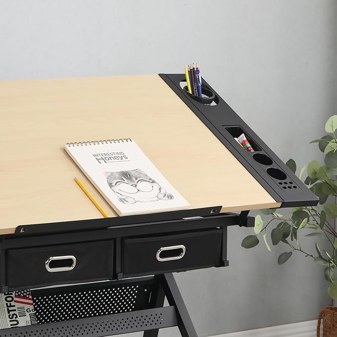 Miscoos Adjustable Drawing Drafting Table Desk with 2 Non-Woven Storage Drawers and Stool for Home Office and School, Wood, Ameican White Oak, MDF + Metal