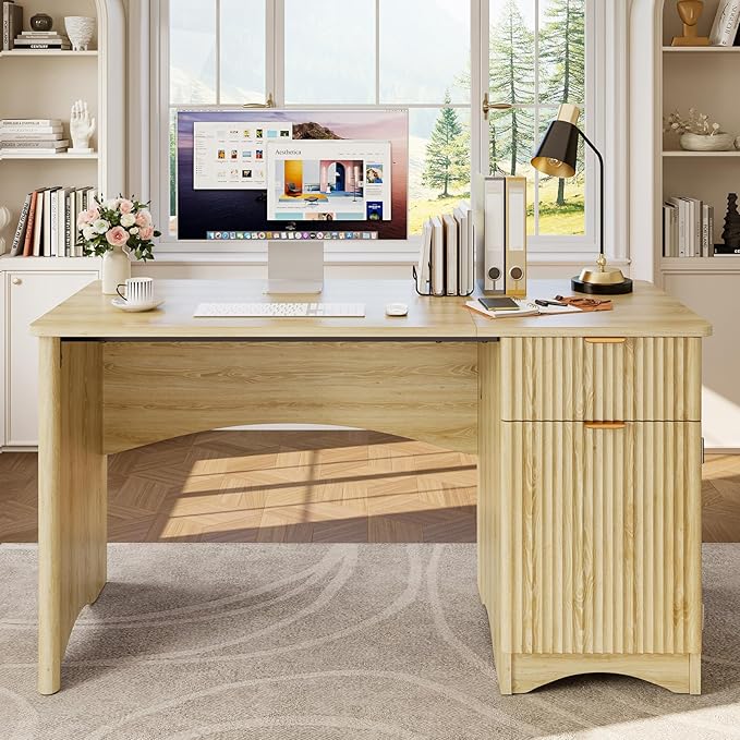 Bestier 47 inch Fluted Computer Desk with Drawer, Office Desk with File Cabinet, Modern Wood Desk with Storage Cabinet for Home Office Bedroom Study, Natual Oak