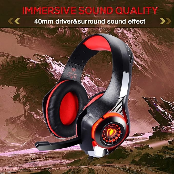 BlueFire Stereo Gaming Headset with Microphone for PS5 PS4 Xbox One Switch PC Mac – Wired Over-Ear Headphones with Surround Sound, Soft Memory Foam, Noise Canceling Mic, Light, 3.5mm Jack (Red)