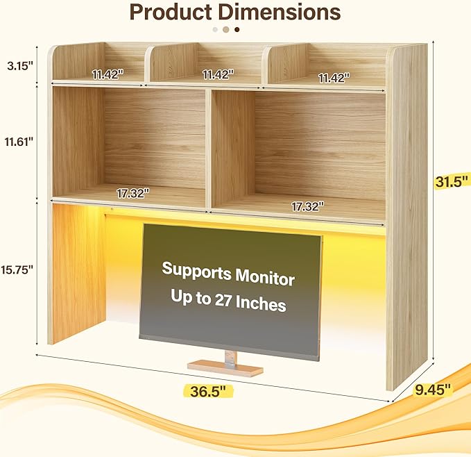 REIBII Desk Hutch Dorm for Computer Monitor Up to 27", Dorm Desk Hutch Top Only with RGB Light Strip, Wooden Desktop Bookshelf with 6 Shelves, 3-Tier Desktop Shelf for Home Office Dorm, Wood Color