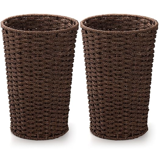 Bekith 2 Pack Small Wicker Waste Paper Basket Woven Basket Trash Can Wastebasket, Decorative Round Garbage Container Bin for Bedroom, Bathroom, Home Offices, Laundry, Brown